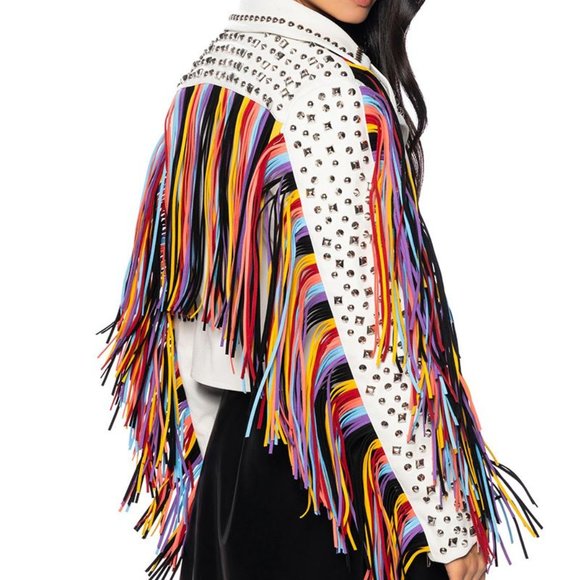 Callie Lives Jackets & Blazers - Miz God's Promise: Rainbow Fringe Studded Moto Jacket L XL